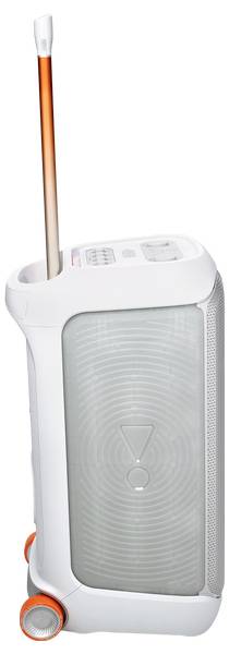 Ein weißer, aufrecht stehender Staubsauger mit orangefarbenem Griff und Rädern, ausgestattet mit einem Bedienfeld auf der Oberseite und einem eleganten, modernen Design.