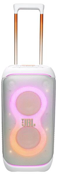 Tragbarer Lautsprecher mit Rädern und Griff, ausgestattet mit mehrfarbigen LED-Lichtern um die frontal ausgerichteten Lautsprecher herum.