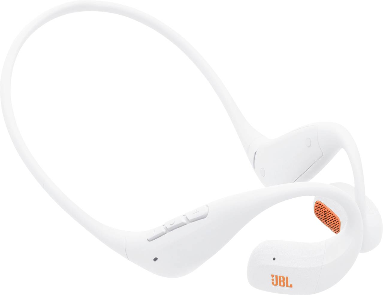 Ein weißer JBL Wireless-Knochenschall-Kopfhörer mit orangefarbenen Lautsprechergittern, der ein flexibles Banddesign für Komfort und Stil präsentiert.