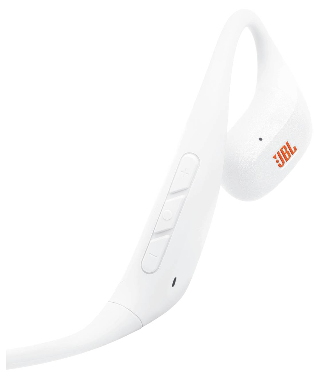 Weiße JBL-kabellose Ohrhörer mit sichtbaren Lautstärkereglertasten, die ein schlankes Design und das Markenlogo an der Seite präsentieren.