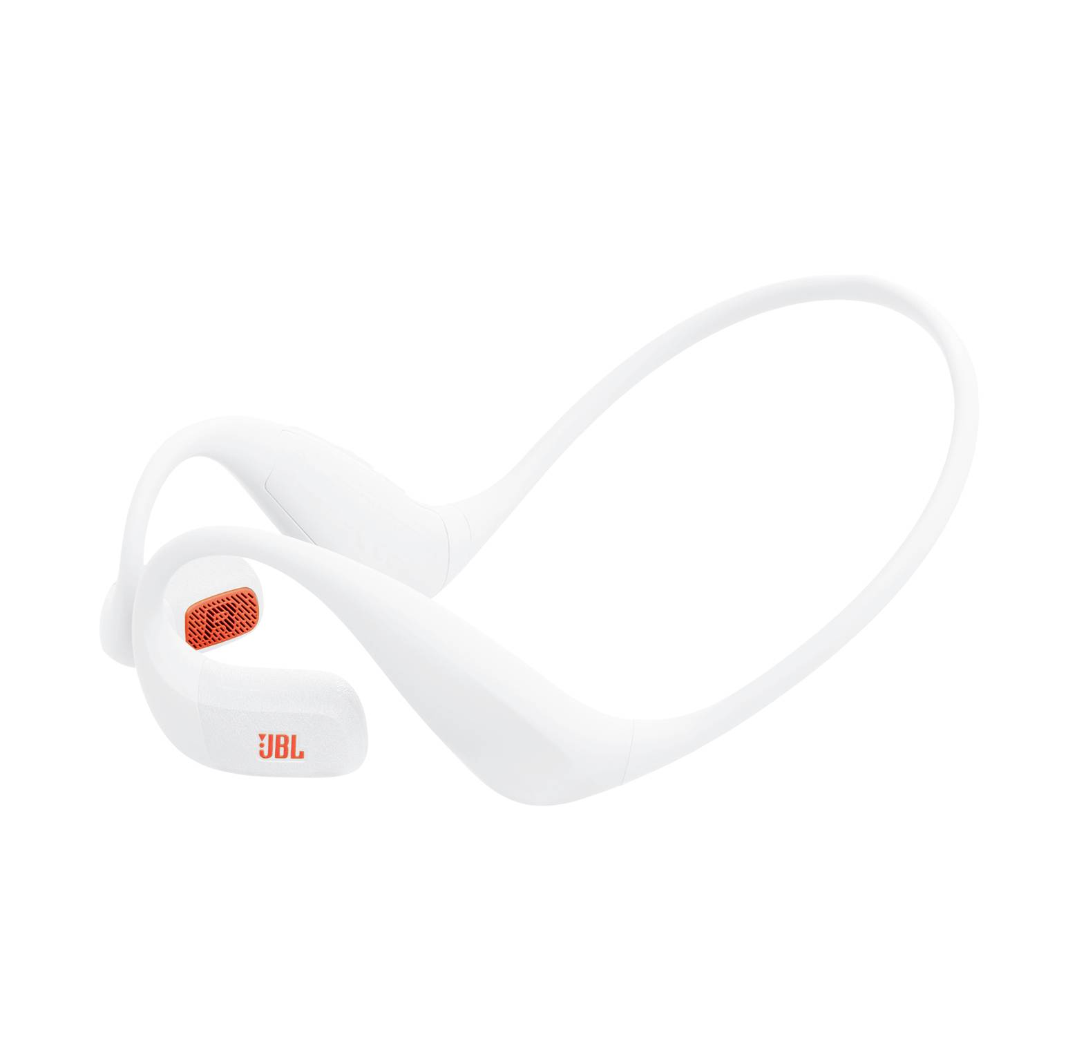 Weiße, schleifenförmige JBL-Kopfhörer mit orangefarbenen Akzenten, die so gestaltet sind, dass sie sich um den Hinterkopf schmiegen.