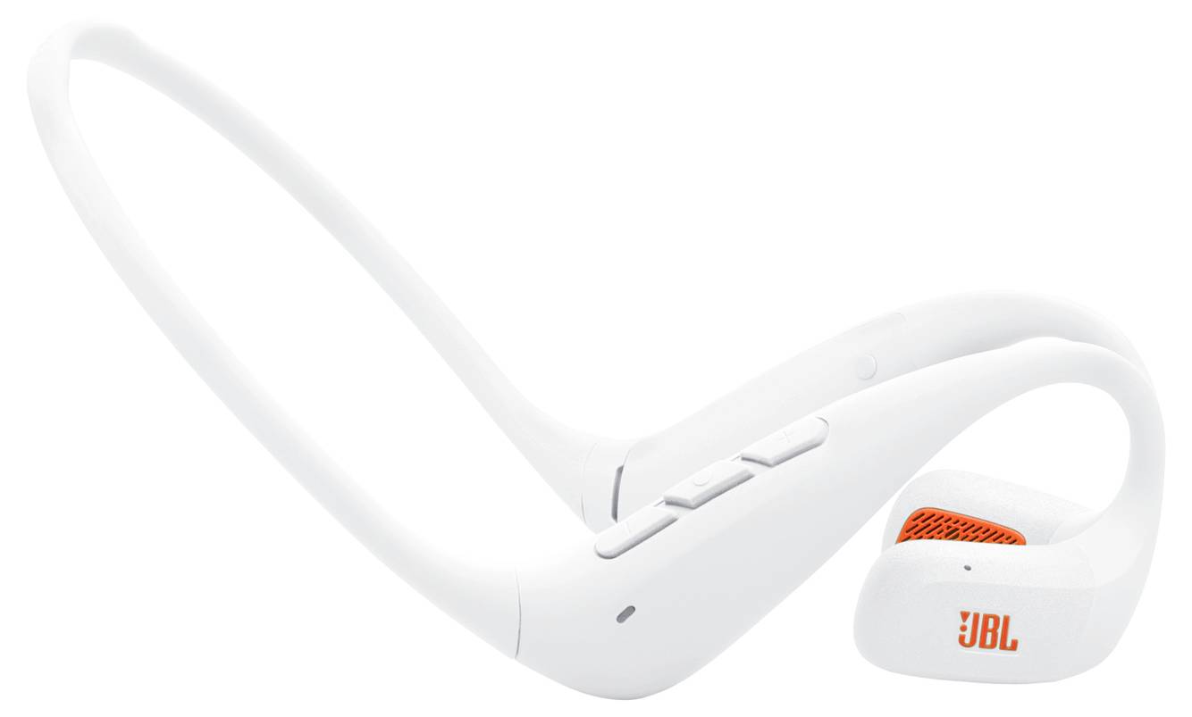 Weiße kabellose Nackenbügel-Kopfhörer mit JBL-Branding, ausgestattet mit gebogenen Ohrhörern und Steuerungstasten an der Seite.