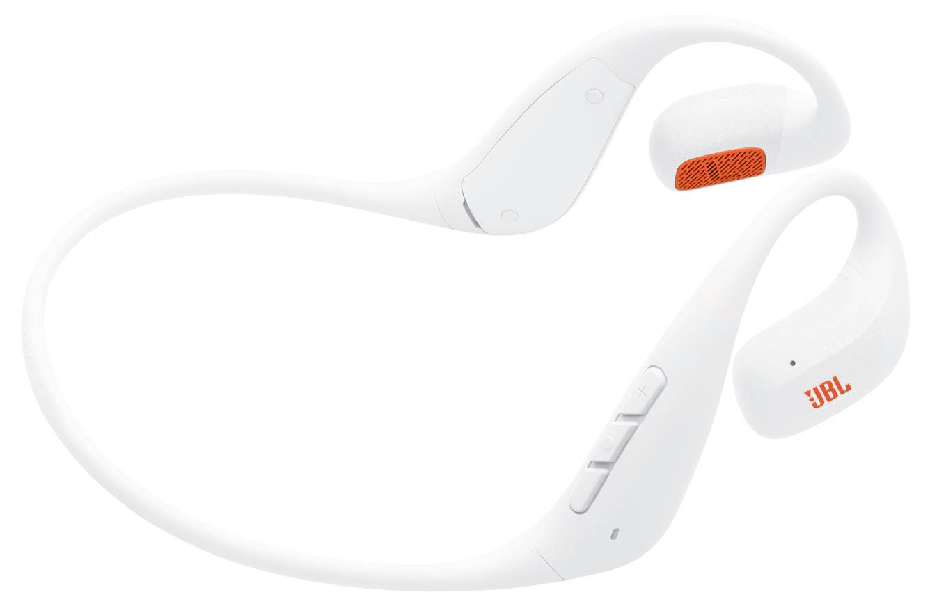 Weiße kabellose Kopfhörer mit orangefarbener Innenseite, ausgestattet mit Bedienungstasten an einer Seite. Als Nackenband-Modell entwickelt für einen sicheren Sitz.