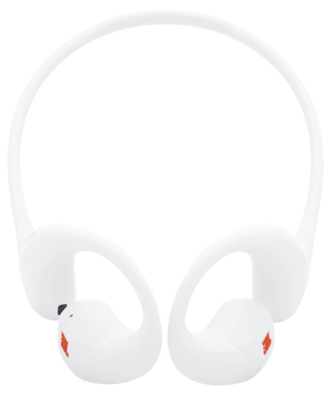 Weiße kabellose Kopfhörer mit einem schlanken, ergonomischen Design und orangefarbenen Logos auf den Ohrhörern, von hinten betrachtet.