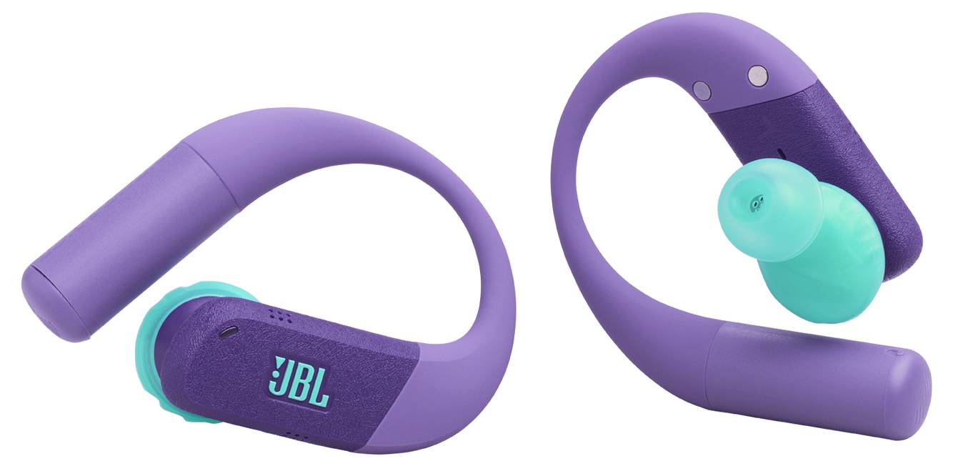 Lila JBL-Wireless-Earbuds mit türkisfarbenen In-Ear-Spitzen, die ein geschwungenes Design präsentieren. Logo auf der Außenseite sichtbar.