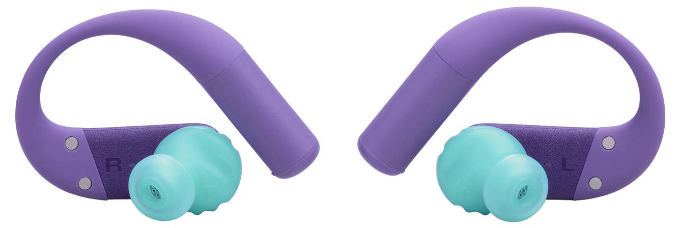 Lila kabellose Kopfhörer mit blauen Ohreinsätzen, mit Haken-Design für einen sicheren Sitz. Jeder Kopfhörer ist mit ‚R' und ‚L' für rechts und links gekennzeichnet.
