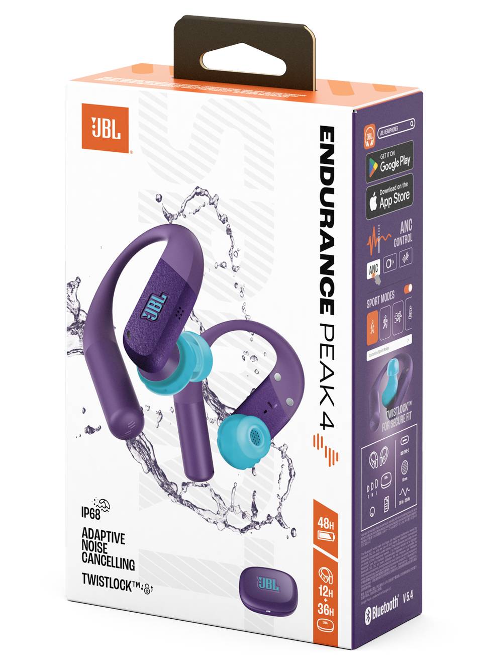 Verpackung der JBL Endurance Peak 4 drahtlosen Ohrhörer, ausgestattet mit adaptiver Geräuschunterdrückung, 48-Stunden-Akkulaufzeit, Bluetooth, Wasserresistenz.
