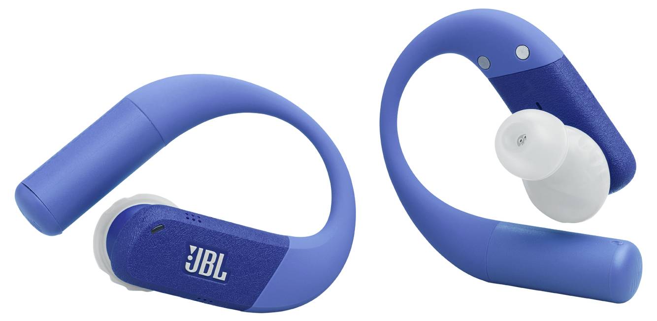 Blaue kabellose JBL-Ohrhörer mit einem Ohrbügel-Design, ausgestattet mit weißen Ohreinsätzen, die ein sicheres und bequemes Tragen gewährleisten.