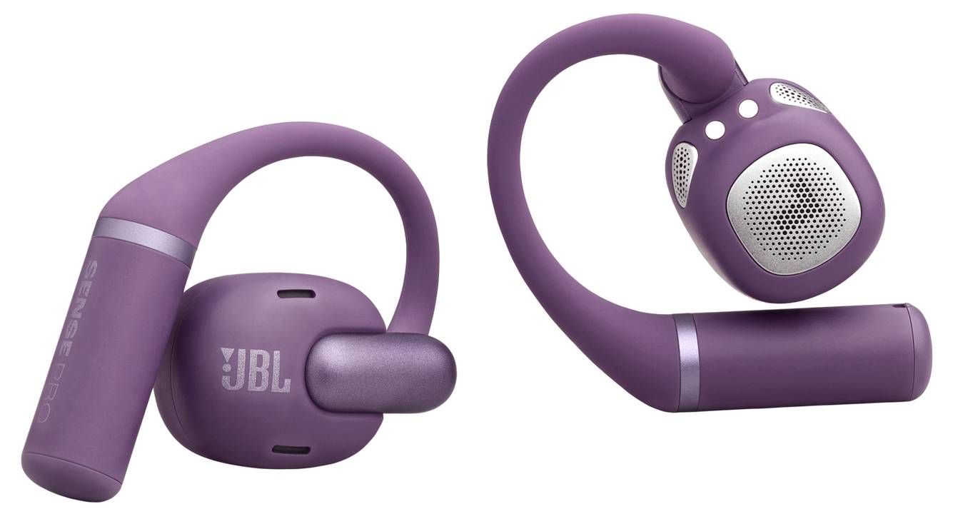 Lila JBL-Kopfhörer mit flexiblen Schlaufen, die für einen sicheren Halt um das Ohr entwickelt wurden, aus zwei Blickwinkeln dargestellt.