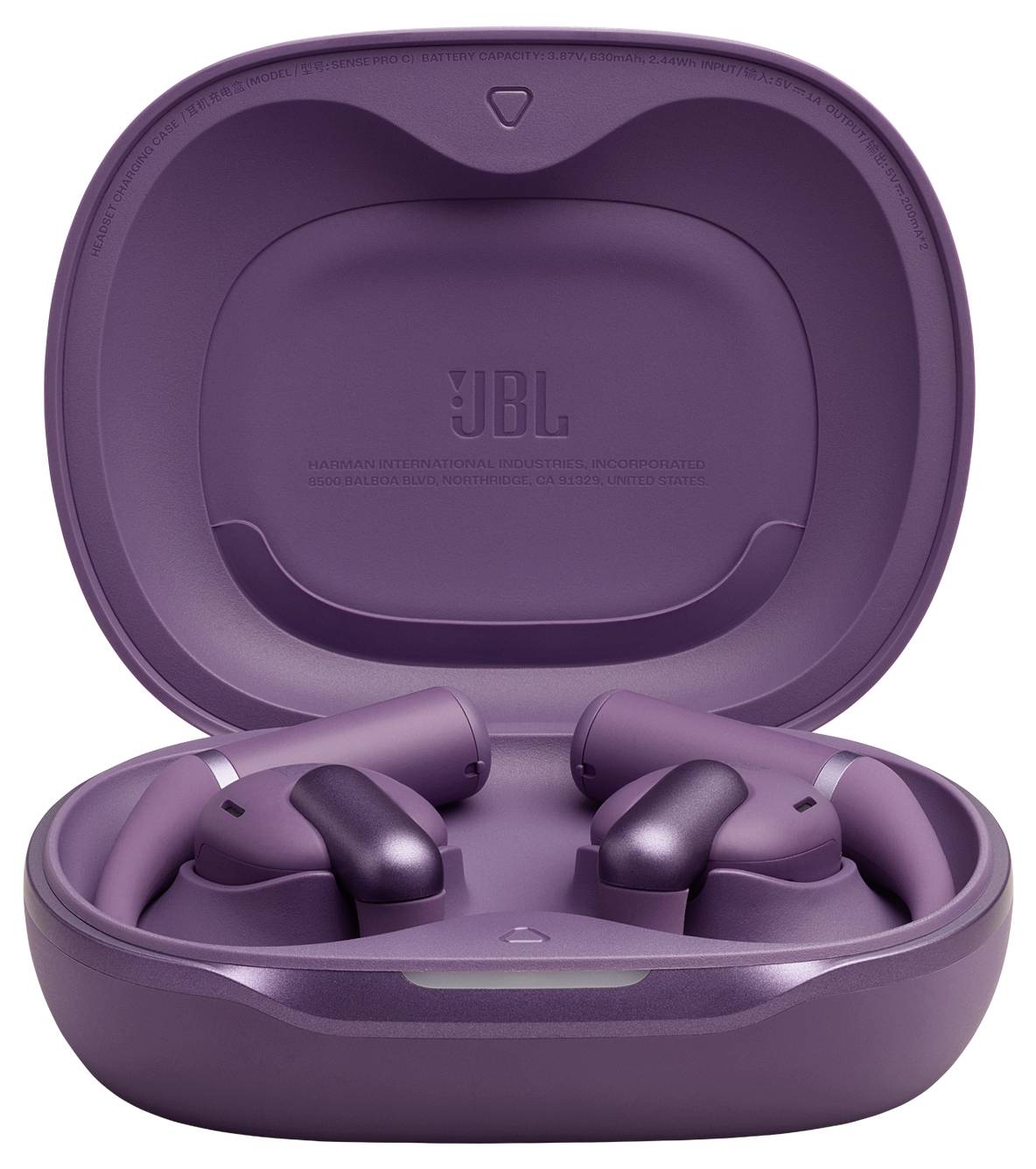 Lila kabellose Ohrhörer in einem geöffneten Ladecase, die ihr schlankes Design und ihre kompakte Aufbewahrungslösung präsentieren.