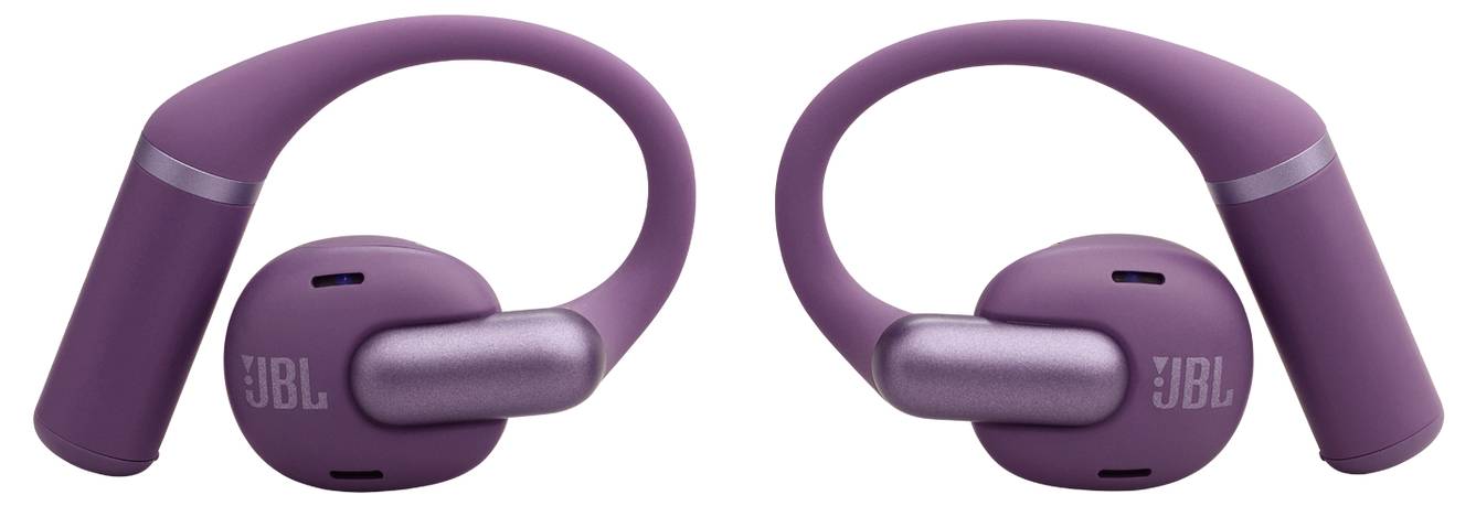 Lila JBL kabellose Ohrhörer mit Ohrbügeln, die für einen sicheren Sitz entwickelt wurden.