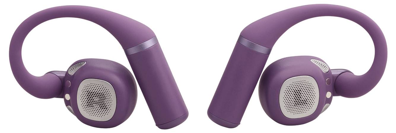 Lila drahtlose Ohrhörer mit flexiblen Ohrbügeln, die sich einander gegenüber positioniert befinden, ausgestattet mit kleinen Bedienungstasten und metallischen Lautsprechergittern.