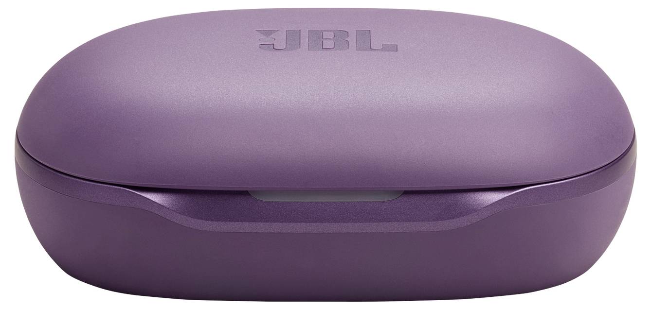 Lila JBL Ohrhörertasche mit dem Markenlogo auf der Oberseite.