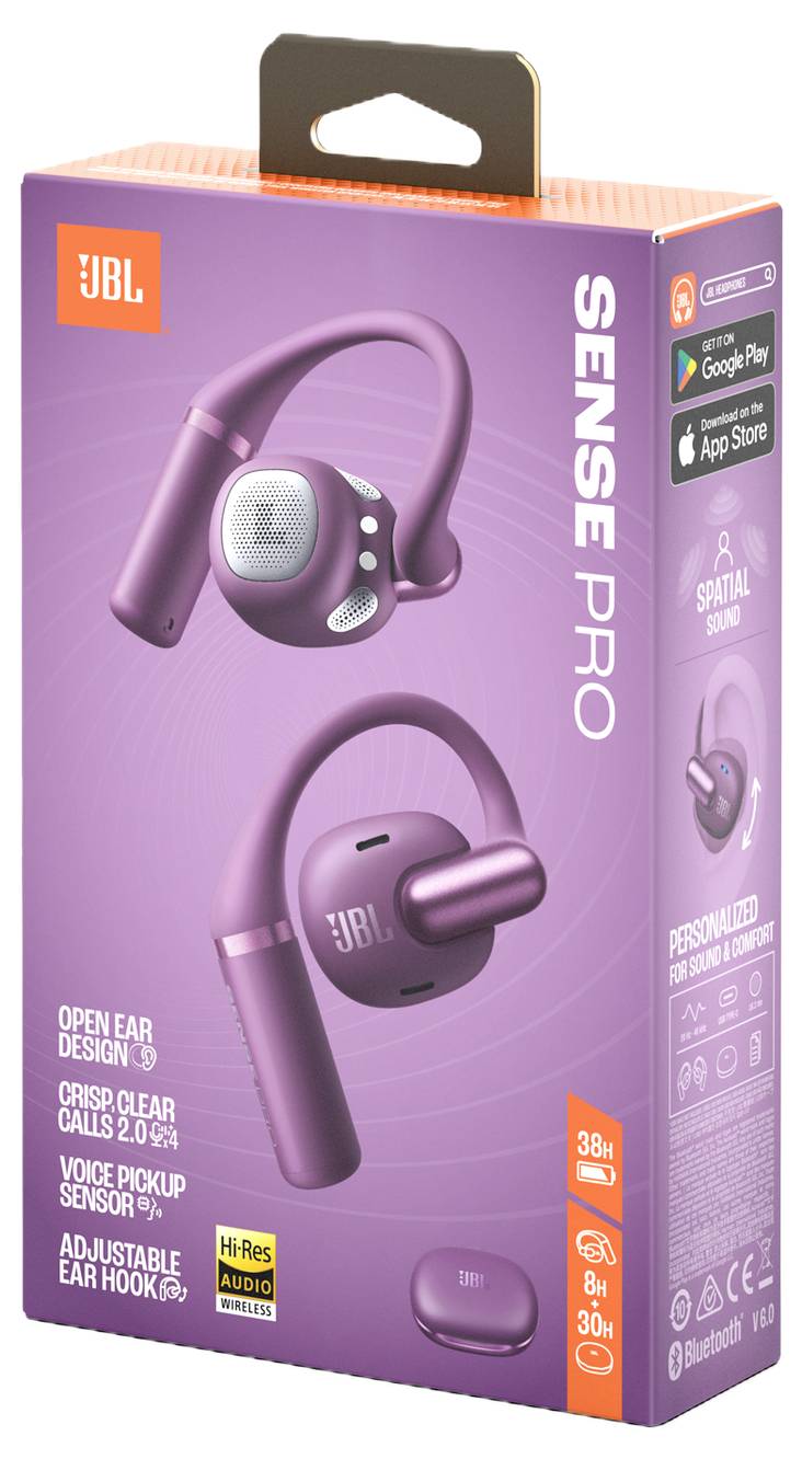 Verpackung der JBL Sense Pro Open-Ear-Kopfhörer in Lila-Farbe, mit Spatial-Sound-Funktionen und verstellbaren Ohrbügeln, mit App-Unterstützungs-Icons auf der Verpackung sichtbar.