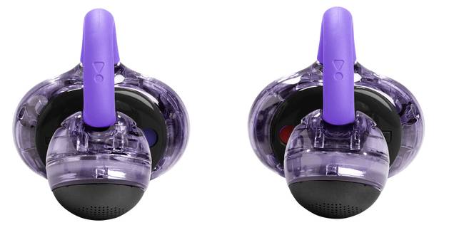 Zwei violette und schwarze Ohrstöpsel mit transparenten Gehäusen, die linke und rechte Kanalbezeichnungen anzeigen, vor weißem Hintergrund.