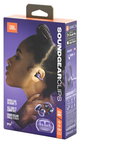 Ein Karton mit kabellosen Kopfhörern, die von einer Person getragen werden. Der Text hebt 