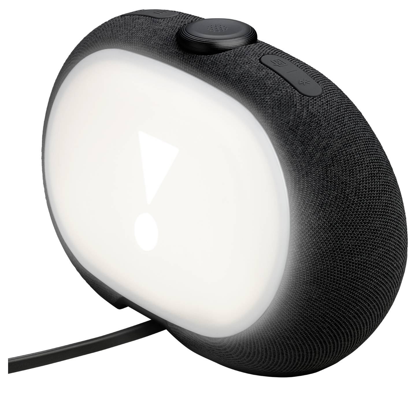 Ein intelligenter Lautsprecher mit einem leuchtenden Bildschirm, der ein Ausrufezeichen zeigt, das einen Alarm oder eine Benachrichtigung signalisiert, der auf einer ebenen Oberfläche platziert ist.