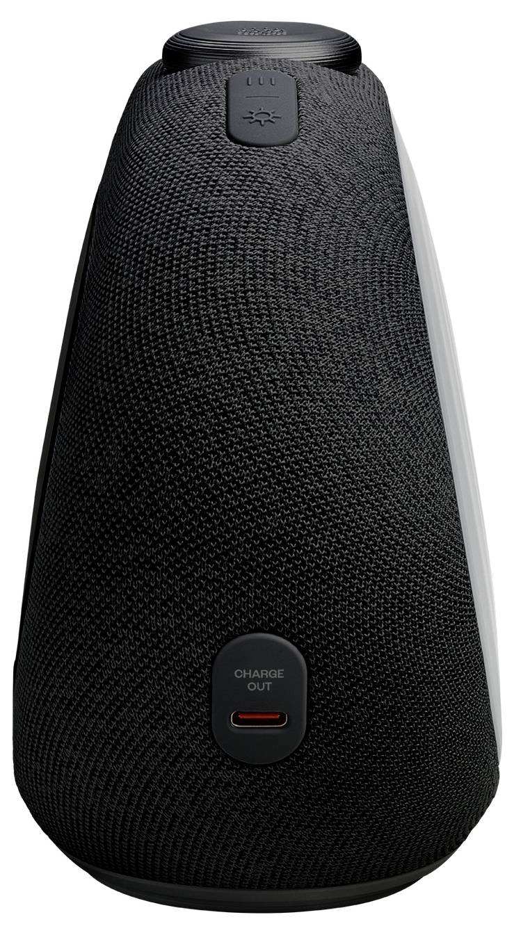 Ein schwarzer, dreieckiger drahtloser Lautsprecher mit strukturierter Stoffoberfläche. Tasten auf der Oberseite; Ladeanschluss mit der Bezeichnung ‚Charge Out' an der Basis.