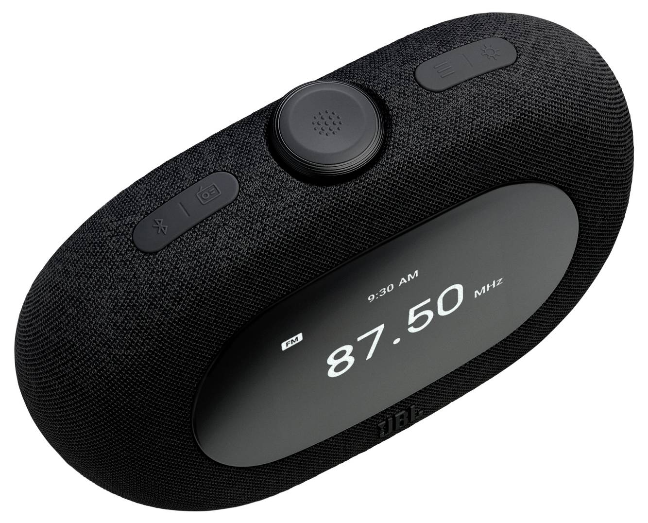 Ein schwarzer zylindrischer Lautsprecher mit einer digitalen Anzeige, die '87,50 MHz' zeigt. Tasten für Bluetooth, Lautstärke und Ein/Aus befinden sich auf der Oberseite.
