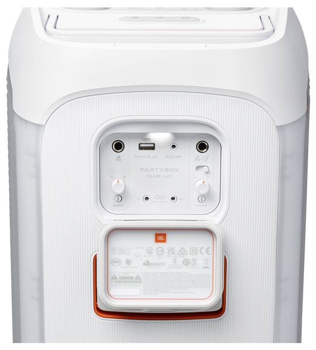 Weißer JBL PartyBox tragbarer Lautsprecher mit Bedienfeld, das Anschlüsse für Mikrofon und Aux-Eingang in der vorderen Mitte zeigt.