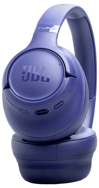 Blaue Over-Ear JBL-Kopfhörer mit gepolstertem Kopfbügel und Ohrmuscheln, ausgestattet mit Bedienungstasten an der rechten Ohrmuschel.