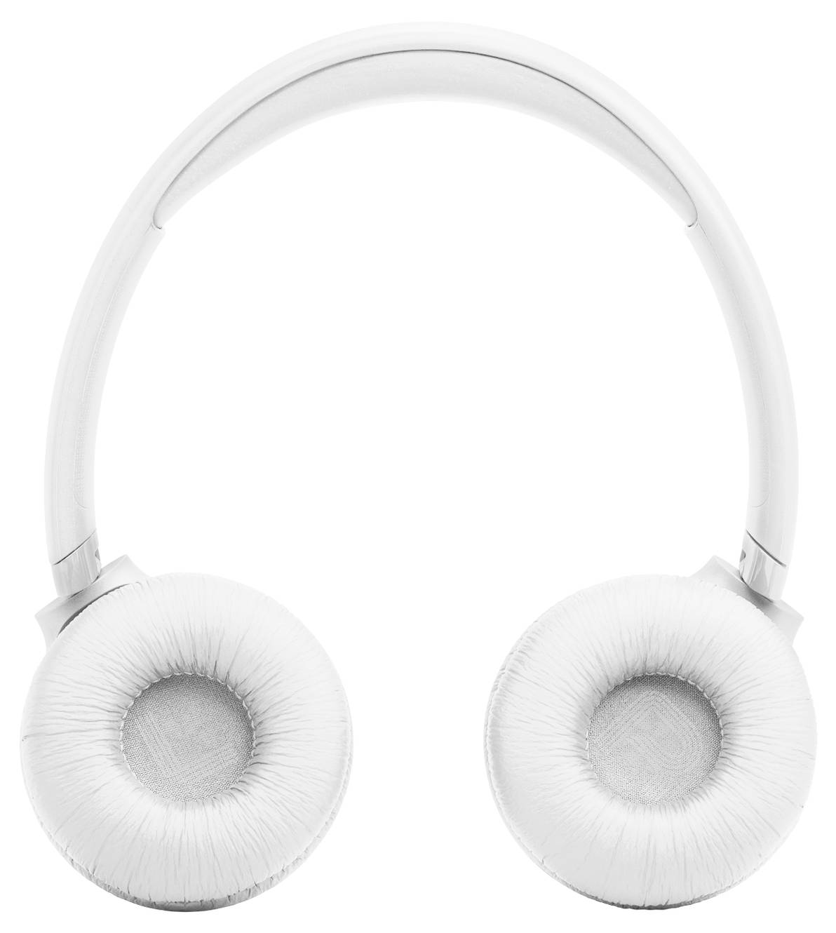 Draufsicht von weißen Over-Ear-Kopfhörern mit gepolsterten Ohrmuscheln, die nach vorne gerichtet sind.
