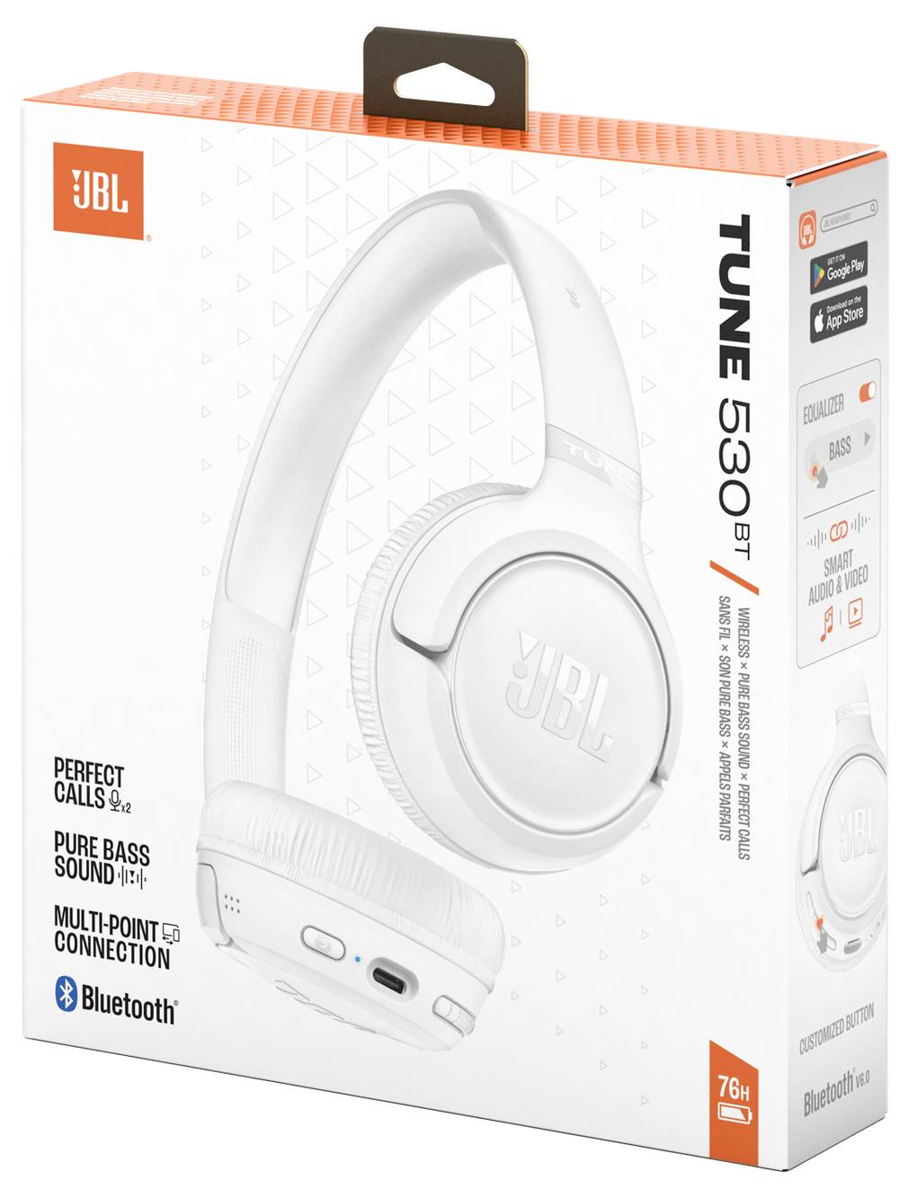 Karton mit weißen JBL Tune 530BT drahtlosen Kopfhörern. Hervorgehobene Funktionen: 'Perfekte Anrufe', 'Pure Bass Sound', 'Multi-Point-Verbindung'.