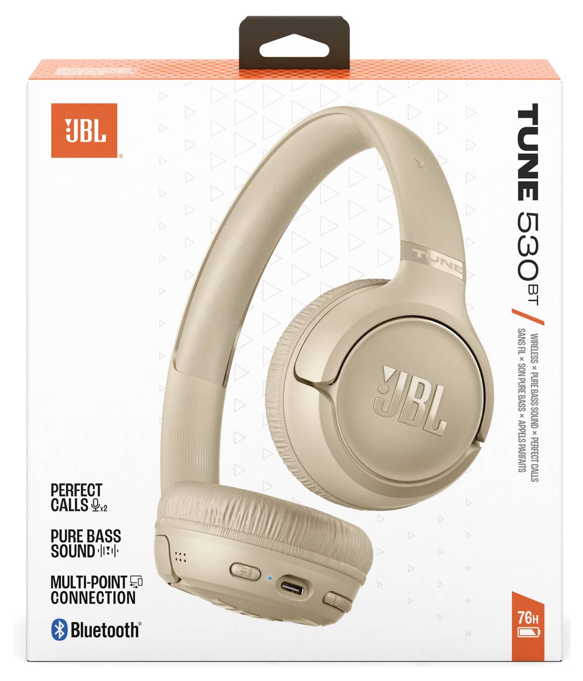 Das Bild zeigt die Verpackung der JBL Tune 530BT drahtlosen Kopfhörer in Beige und hebt Merkmale wie reinen Basssound und eine 76-Stunden-Batterielaufzeit hervor.