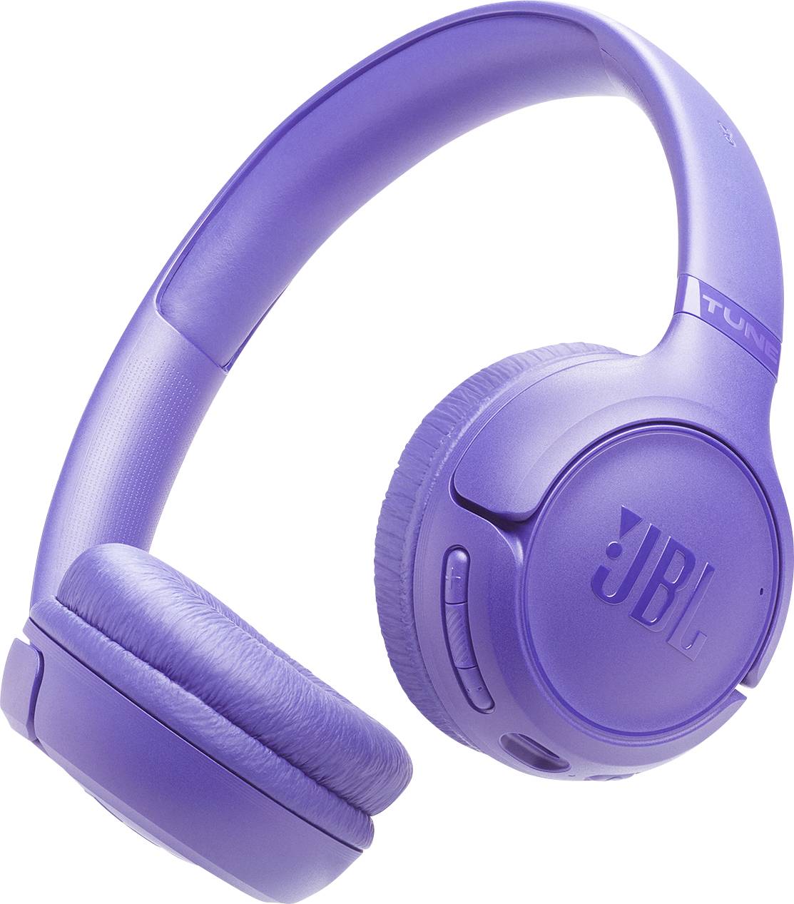 Lila Over-Ear-Kopfhörer mit Bluetooth-Technologie, gepolstert an den Ohrmuscheln und am Kopfbügel. Mit eingeprägtem 'JBL' Logo auf der Ohrmuschel.