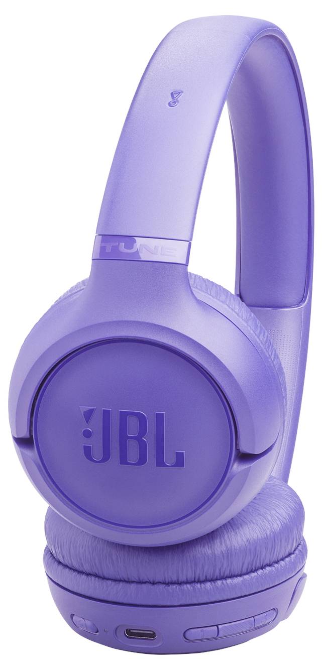 Lila JBL Over-Ear-Kopfhörer kabellos mit Markenlogo auf den Ohrmuscheln, die ein schlankes, modernes Design und gepolsterte Ohrpolster präsentieren.