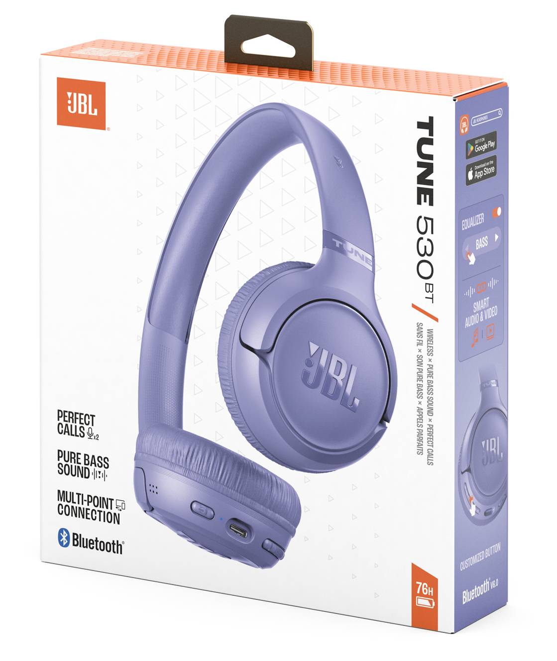 Blaue JBL Tune 530BT kabellose Kopfhörer in Verpackung, mit Hervorhebung von ‚Perfekte Anrufe', ‚Reiner Basssound', Bluetooth und 76-Stunden-Akkulaufzeit.