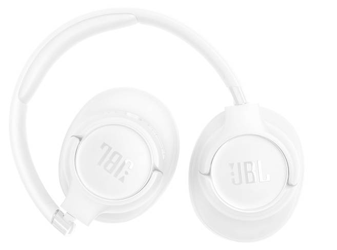 Ein Paar weiße JBL-Over-Ear-Kopfhörer mit sichtbarem Markenlogo auf den Ohrmuscheln, fotografiert vor weißem Hintergrund.