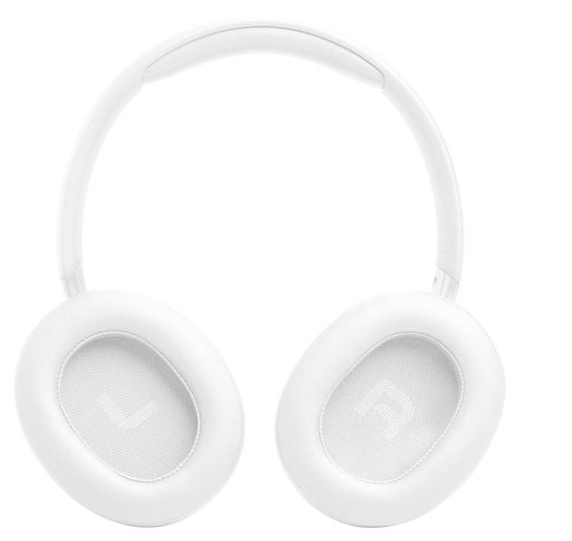 Weiße Over-Ear-Kopfhörer mit schlankem, minimalem Design. In jedem Ohrpolster sind „L