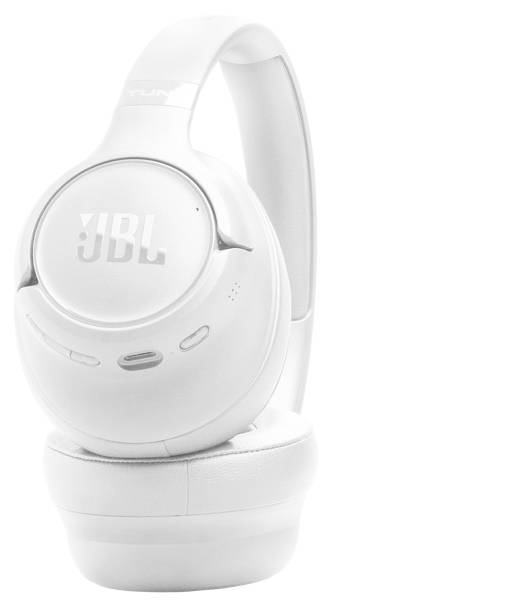 Weiße JBL-Kopfhörer zum Überziehen mit gepolstertem Kopfbügel und Ohrpolstern, mit Steuerungstasten an der Seite, vor weißem Hintergrund.