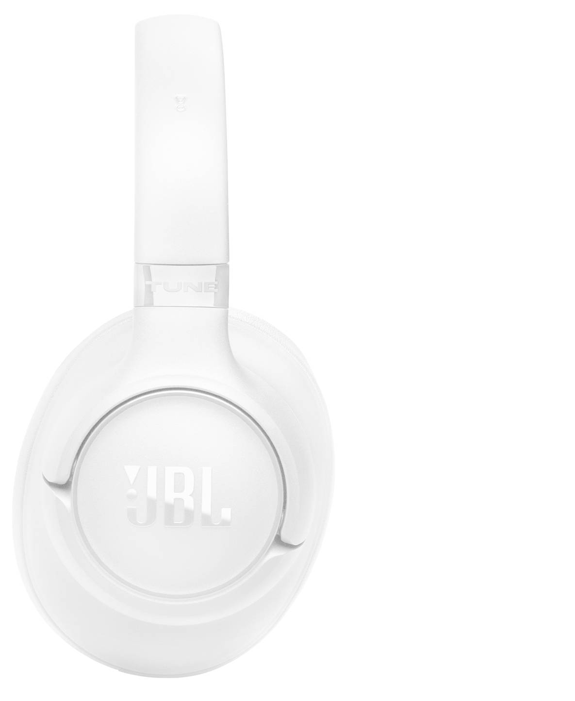 Weiße JBL Over-Ear-Bluetooth-Kopfhörer mit schlankem Design, von der Seite betrachtet, wobei das prominente JBL-Logo auf der Ohrmuschel sichtbar ist.