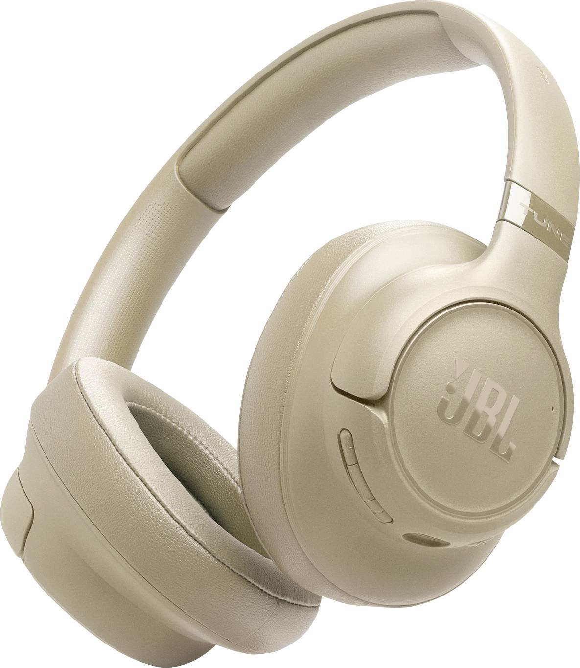 Beige Over-Ear-Kopfhörer von JBL mit gepolsterten Ohrmuscheln und Kopfband, mit Steuertasten an der Seite.