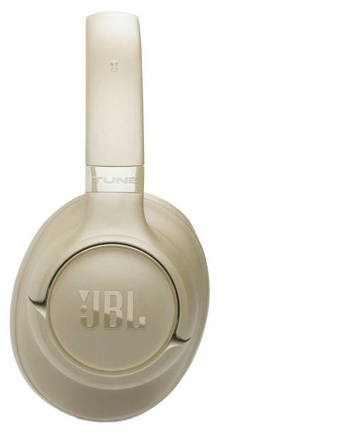 Goldene kabellose Kopfhörer mit der Aufschrift 