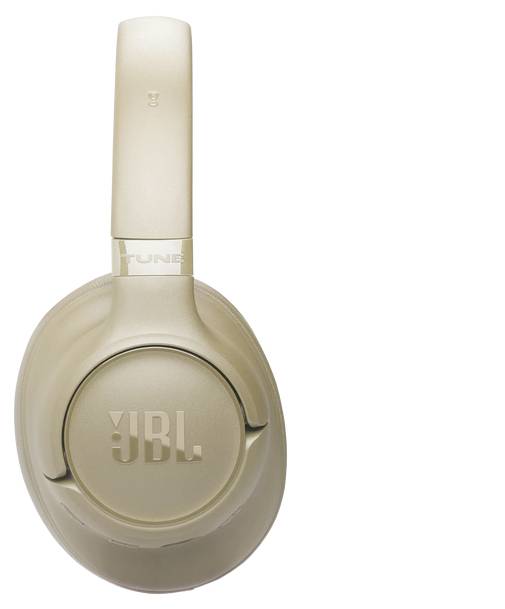 Kopfhörer der Marke 'JBL Tune' mit Ohrmuscheln, hellbeige Farbe, zeigt das rechte Seitenprofil.