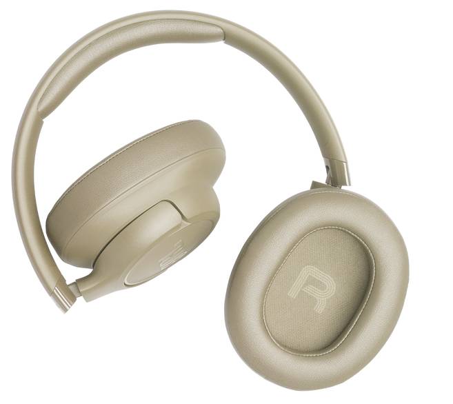 Beige Over-Ear-Kopfhörer mit gepolstertem Kopfbügel und Ohrmuscheln, die ein „R