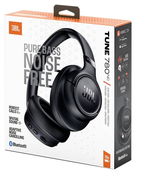 JBL Tune 780NC Kopfhörer-Verpackung präsentiert Funktionen: adaptive Geräuschunterdrückung, räumlicher Sound, Bluetooth-Konnektivität und reiner Bassklang.
