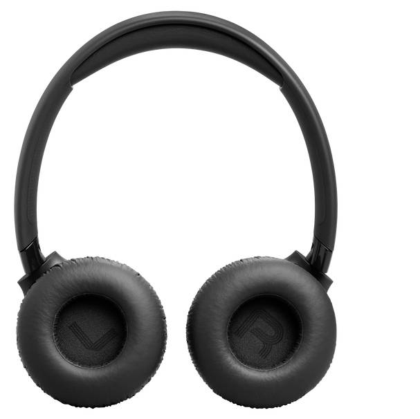 Schwarze Over-Ear-Kopfhörer mit gepolsterten Ohrmuscheln, gekennzeichnet mit „L