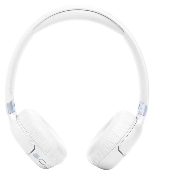 Weiße Over-Ear-Kopfhörer mit gepolsterten Ohrmuscheln und Tasten an der Seite, vor einem einfachen Hintergrund angezeigt.