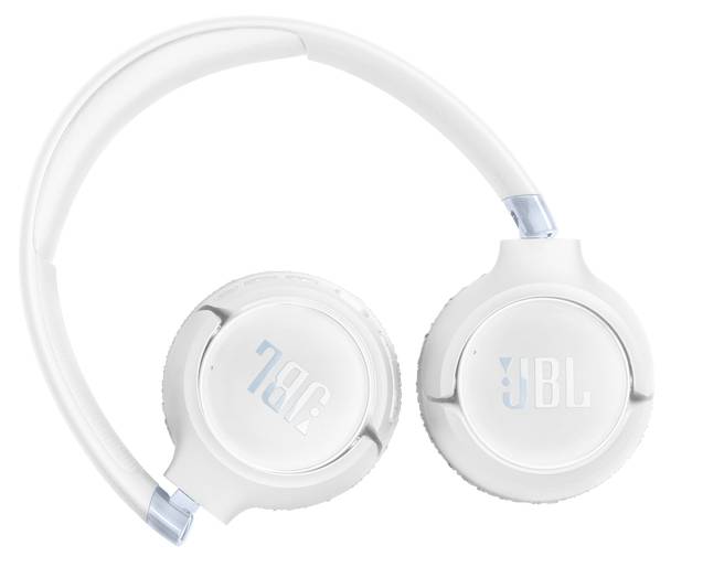 Weiße Over-Ear-Kopfhörer mit elegantem Design, mit subtilen blauen Akzenten und dem Markenlogo auf den Ohrmuscheln.