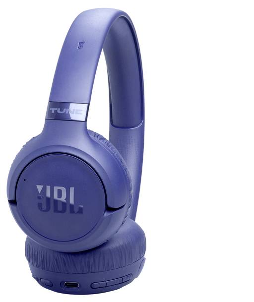 Blaue JBL Over-Ear-Kopfhörer mit Wireless-Funktion, gepolsterten Ohrmuscheln und verstellbarem Kopfbügel, mit einer Bedienelementleiste an der Seite.
