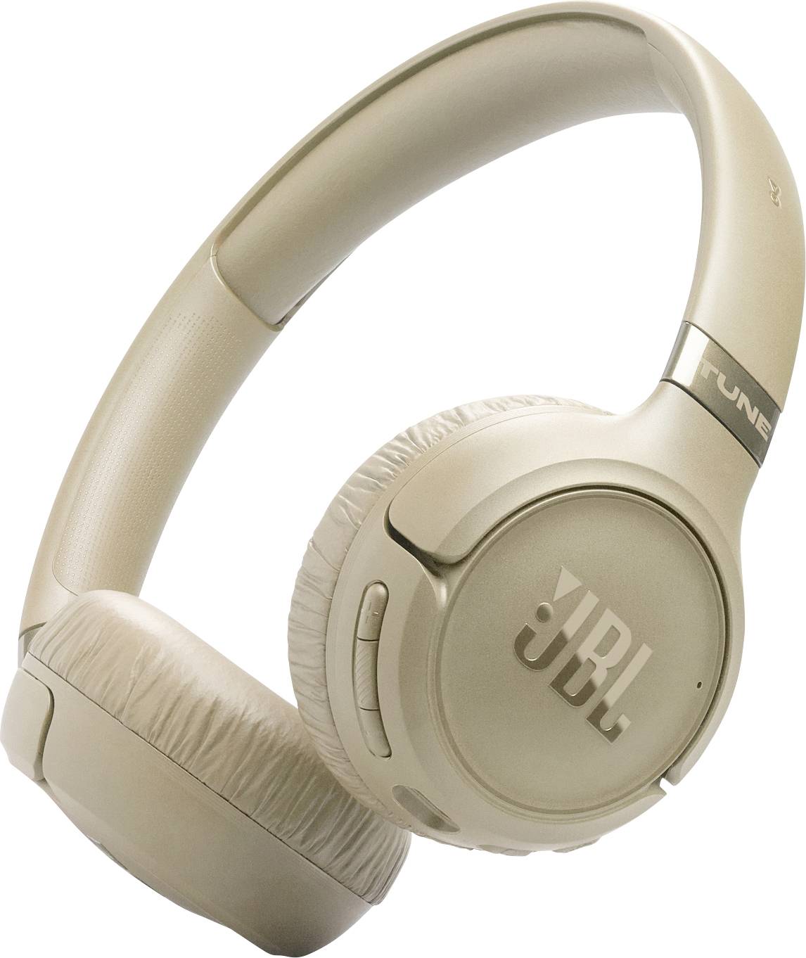 Gold-farbene JBL-Over-Ear-Kopfhörer mit Markenlogo auf der Ohrmuschel, verstellbarem Kopfbügel und Steuertasten an der Seite.