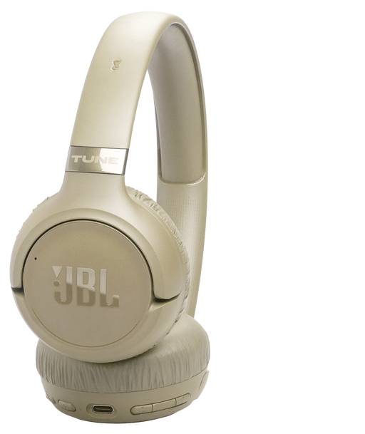 Goldfarben drahtlose Over-Ear-Kopfhörer mit sichtbarem Markenlogo auf den Ohrmuscheln, mit Lautstärke- und Stromversorgungsreglern.