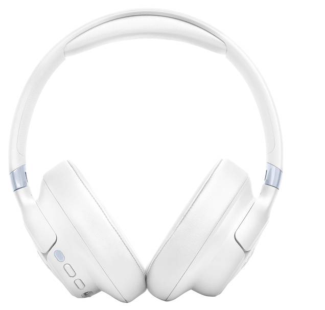 Weiße Over-Ear-Kopfhörer mit gepolsterten Ohrpolstern und Steuertasten auf der linken Seite.