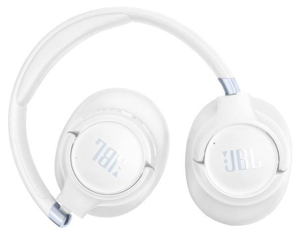 Weiße kabellose JBL-Kopfhörer mit blauen Akzenten, von oben fotografiert. Over-Ear-Design mit gepolsterten Ohrmuscheln und Kopfbügel.