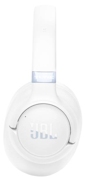 Weiße JBL Tune Over-Ear-Kopfhörer von oben fotografiert, mit gepolsterten Ohrmuscheln und einem eleganten Design.