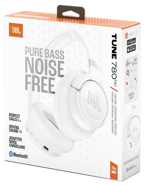 Box für JBL Tune 780NC kabellose Kopfhörer. Eigenschaften umfassen reinen Bass, Geräuschunterdrückung, perfekte Anrufe, räumlichen Sound und Bluetooth.